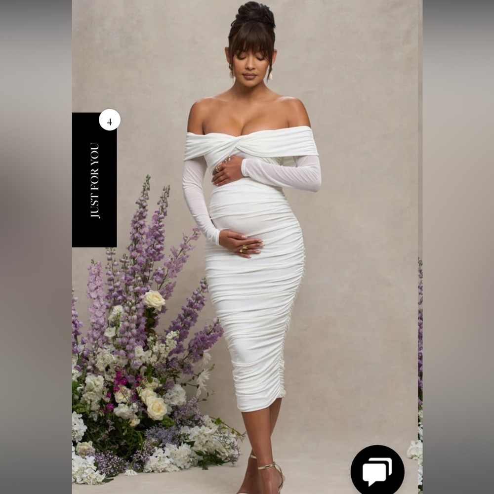 Club L London Neva Maternity Midi- WHITE BARDOT TWIST MATERNITY MIDI DRESS